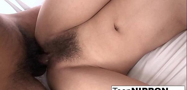  Naughty Japanese babe lets him cum inside her hairy pussy